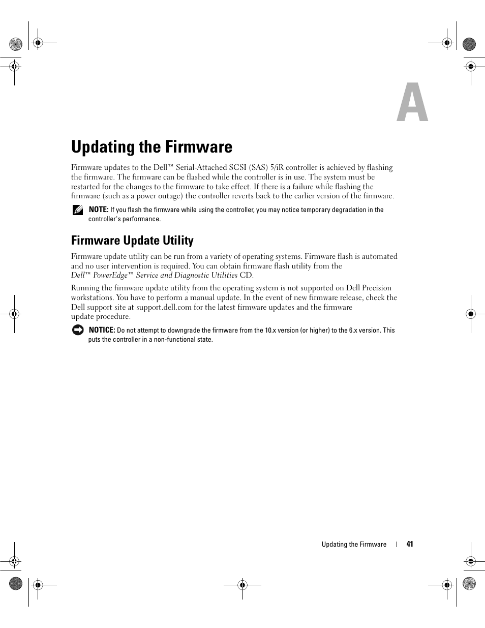 Updating the firmware, Firmware update utility | Dell Serial Attached SCSI 5iR Integrated and Adapter User Manual | Page 43 / 68