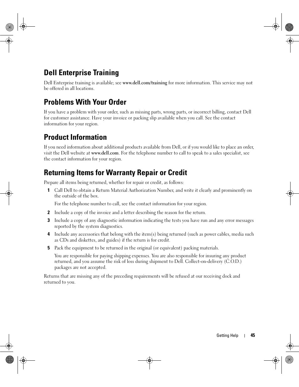Dell enterprise training, Problems with your order, Product information | Returning items for warranty repair or credit | Dell Serial Attached SCSI 5iR Integrated and Adapter User Manual | Page 47 / 68