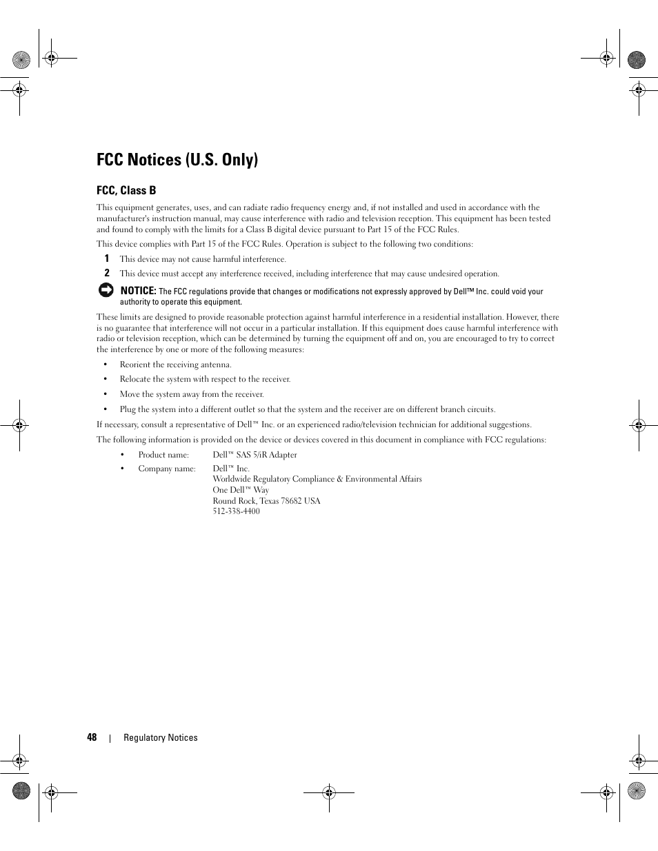 Fcc notices (u.s. only), Fcc, class b | Dell Serial Attached SCSI 5iR Integrated and Adapter User Manual | Page 50 / 68