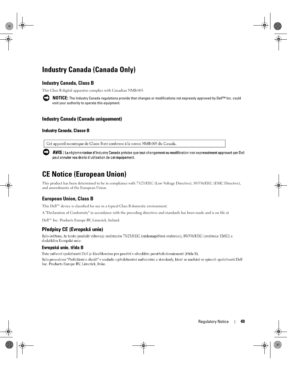 Industry canada (canada only), Industry canada, class b, Ce notice (european union) | European union, class b | Dell Serial Attached SCSI 5iR Integrated and Adapter User Manual | Page 51 / 68