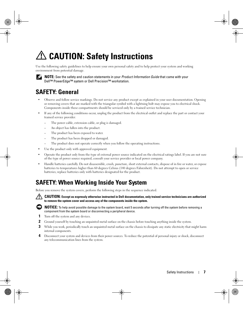 Caution: safety instructions, Safety: general, Safety: when working inside your system | Dell Serial Attached SCSI 5iR Integrated and Adapter User Manual | Page 9 / 68