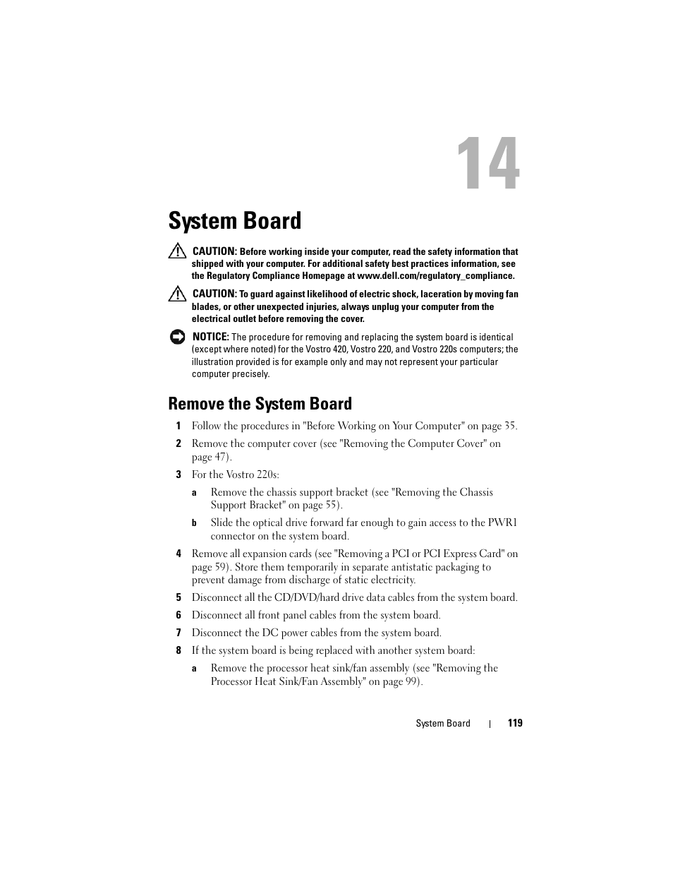 System board, Remove the system board | Dell Vostro 420 (Late 2008) User Manual | Page 119 / 138