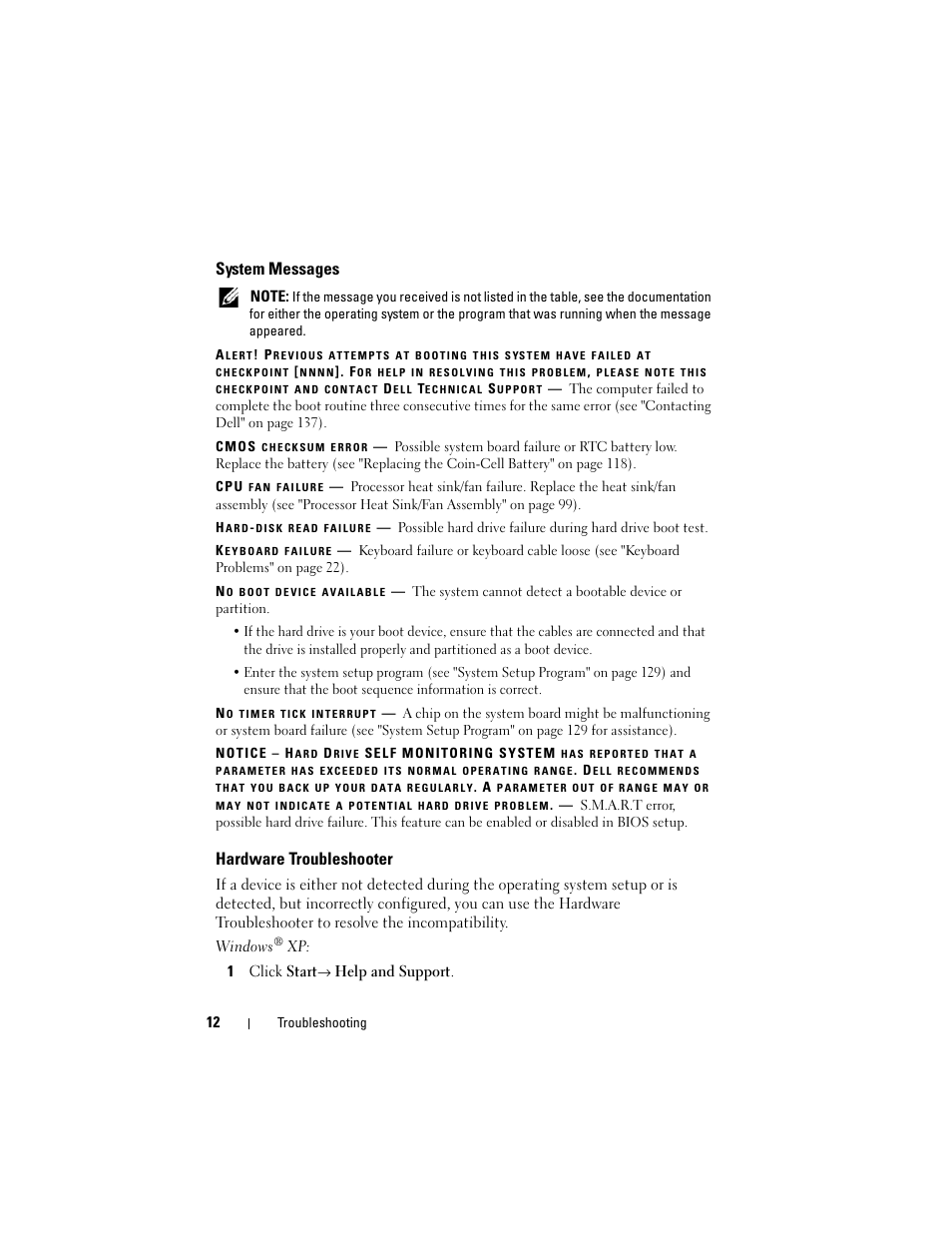 System messages, Hardware troubleshooter | Dell Vostro 420 (Late 2008) User Manual | Page 12 / 138