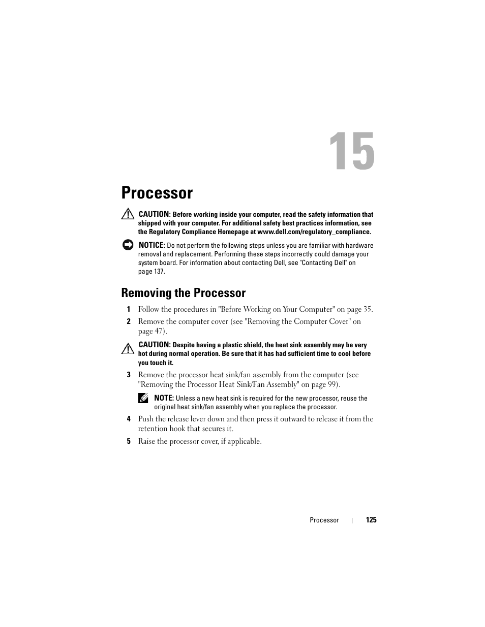 Processor, Removing the processor | Dell Vostro 420 (Late 2008) User Manual | Page 125 / 138