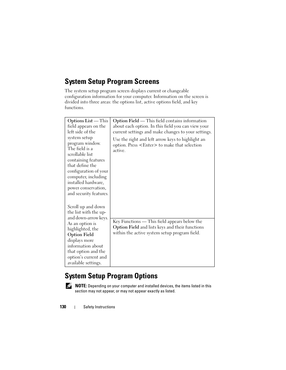 System setup program screens, System setup program options | Dell Vostro 420 (Late 2008) User Manual | Page 130 / 138