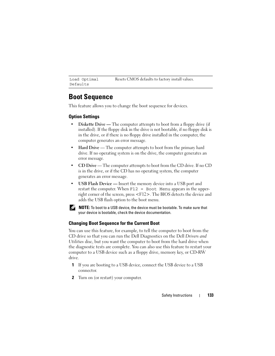 Boot sequence, Option settings, Changing boot sequence for the current boot | Dell Vostro 420 (Late 2008) User Manual | Page 133 / 138