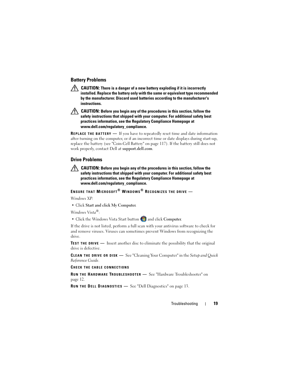 Battery problems, Drive problems | Dell Vostro 420 (Late 2008) User Manual | Page 19 / 138