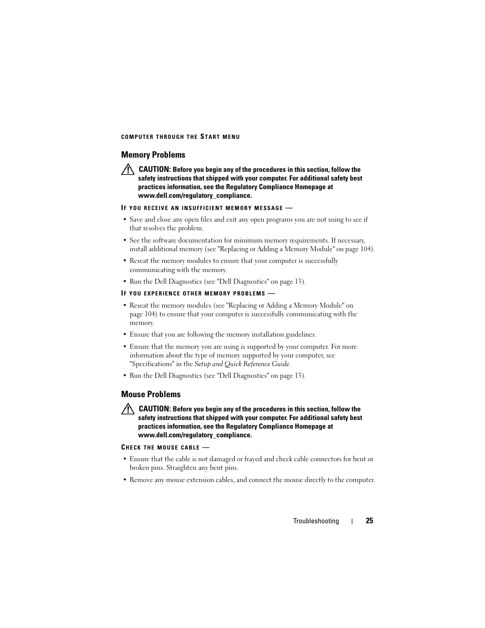 Memory problems, Mouse problems | Dell Vostro 420 (Late 2008) User Manual | Page 25 / 138