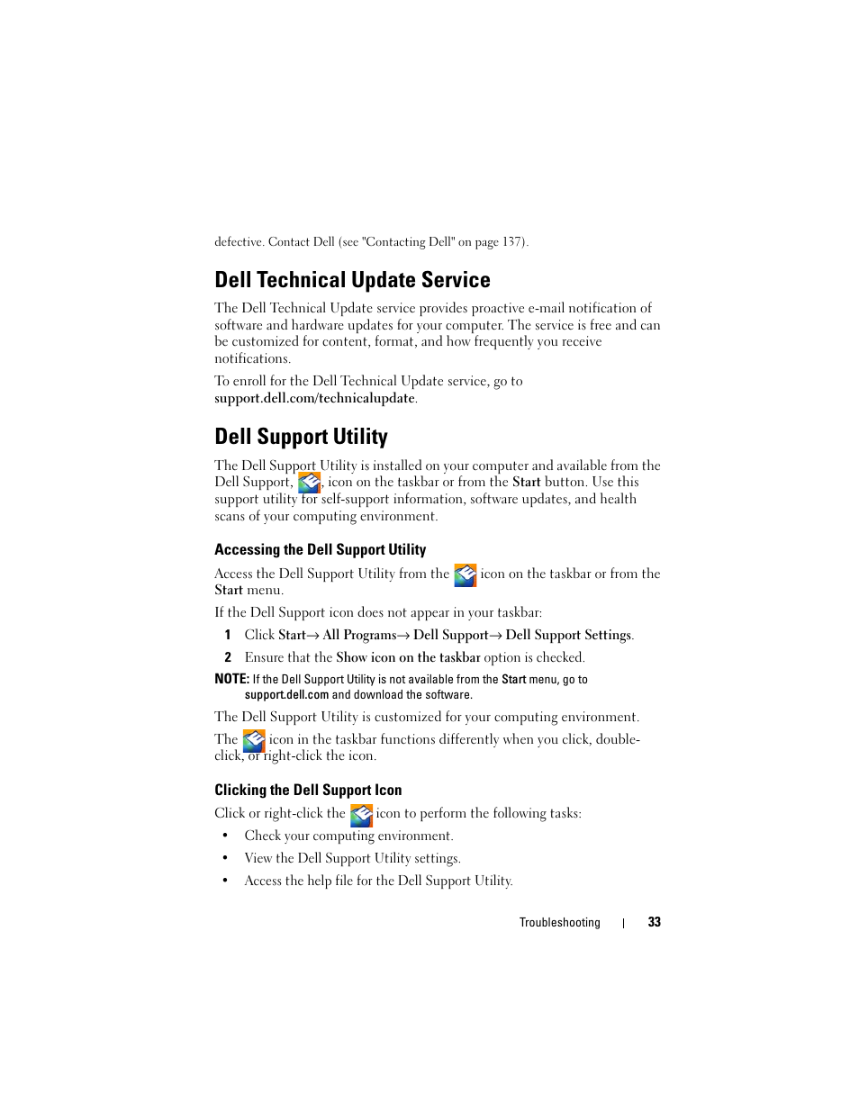 Dell technical update service, Dell support utility, Accessing the dell support utility | Clicking the dell support icon | Dell Vostro 420 (Late 2008) User Manual | Page 33 / 138