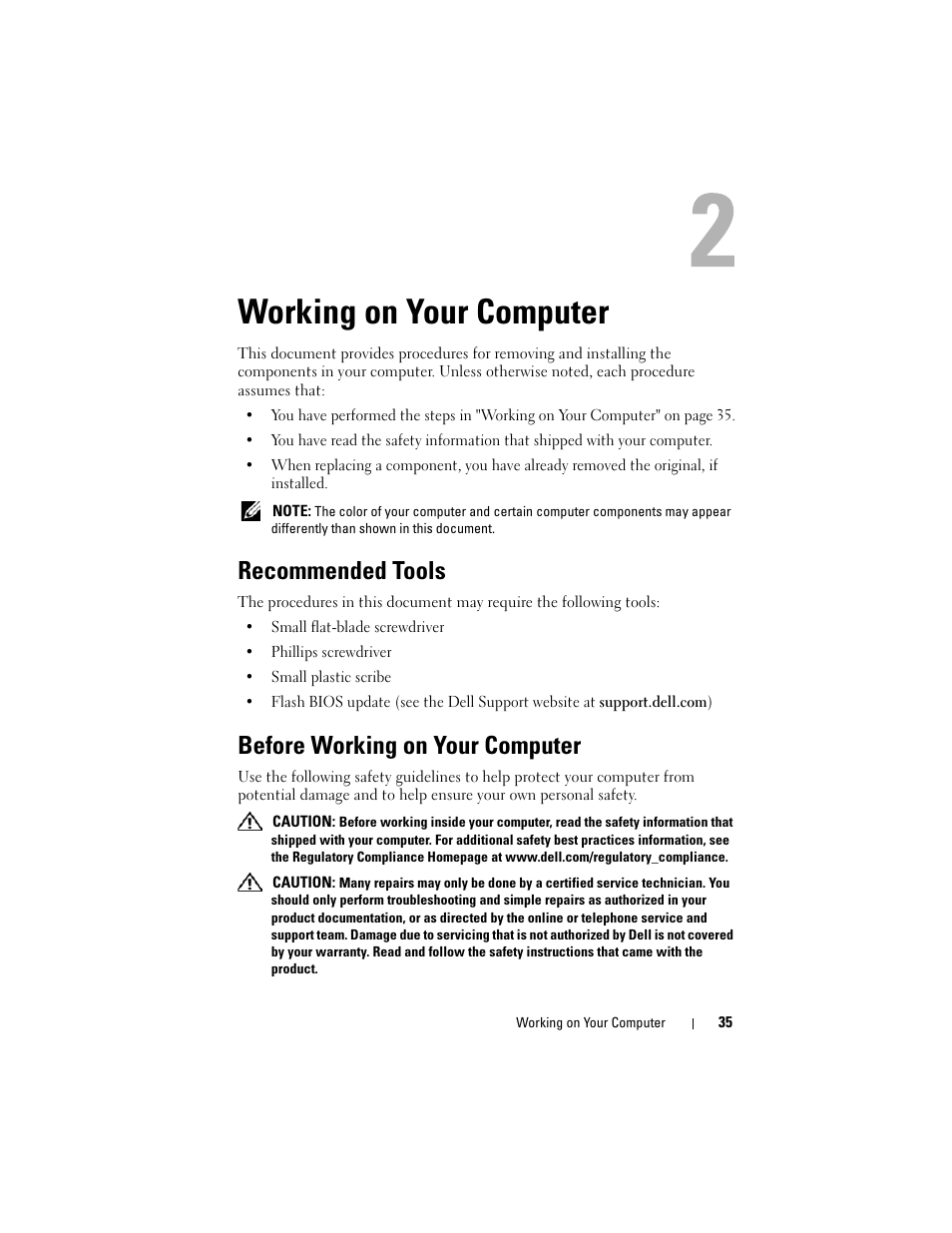 Working on your computer, Recommended tools, Before working on your computer | Dell Vostro 420 (Late 2008) User Manual | Page 35 / 138