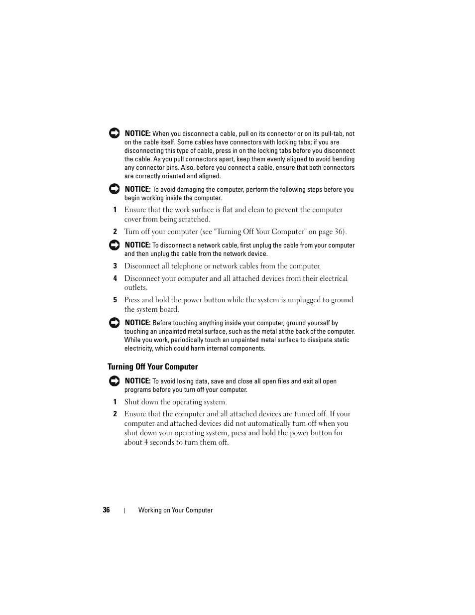 Turning off your computer | Dell Vostro 420 (Late 2008) User Manual | Page 36 / 138