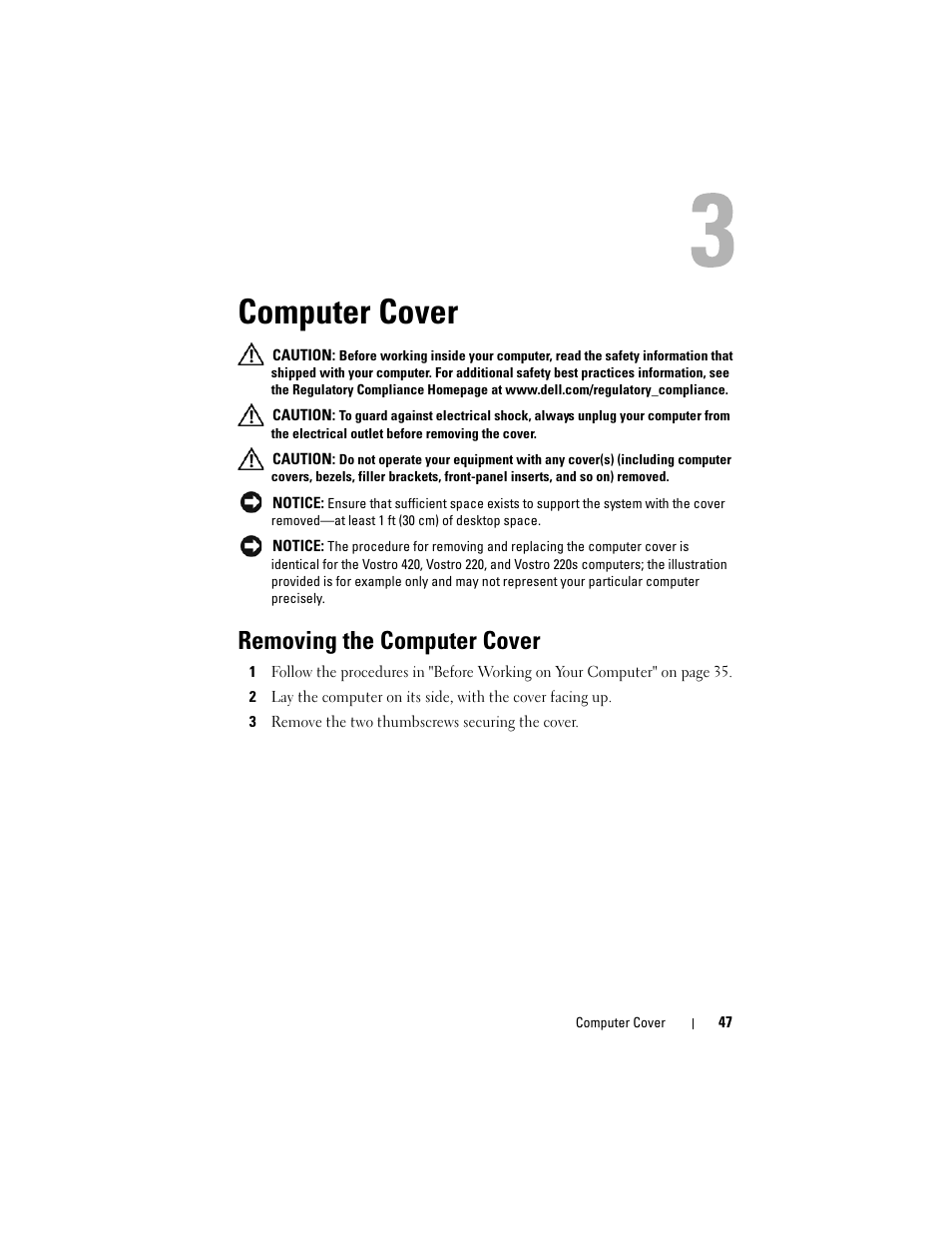 Computer cover, Removing the computer cover | Dell Vostro 420 (Late 2008) User Manual | Page 47 / 138