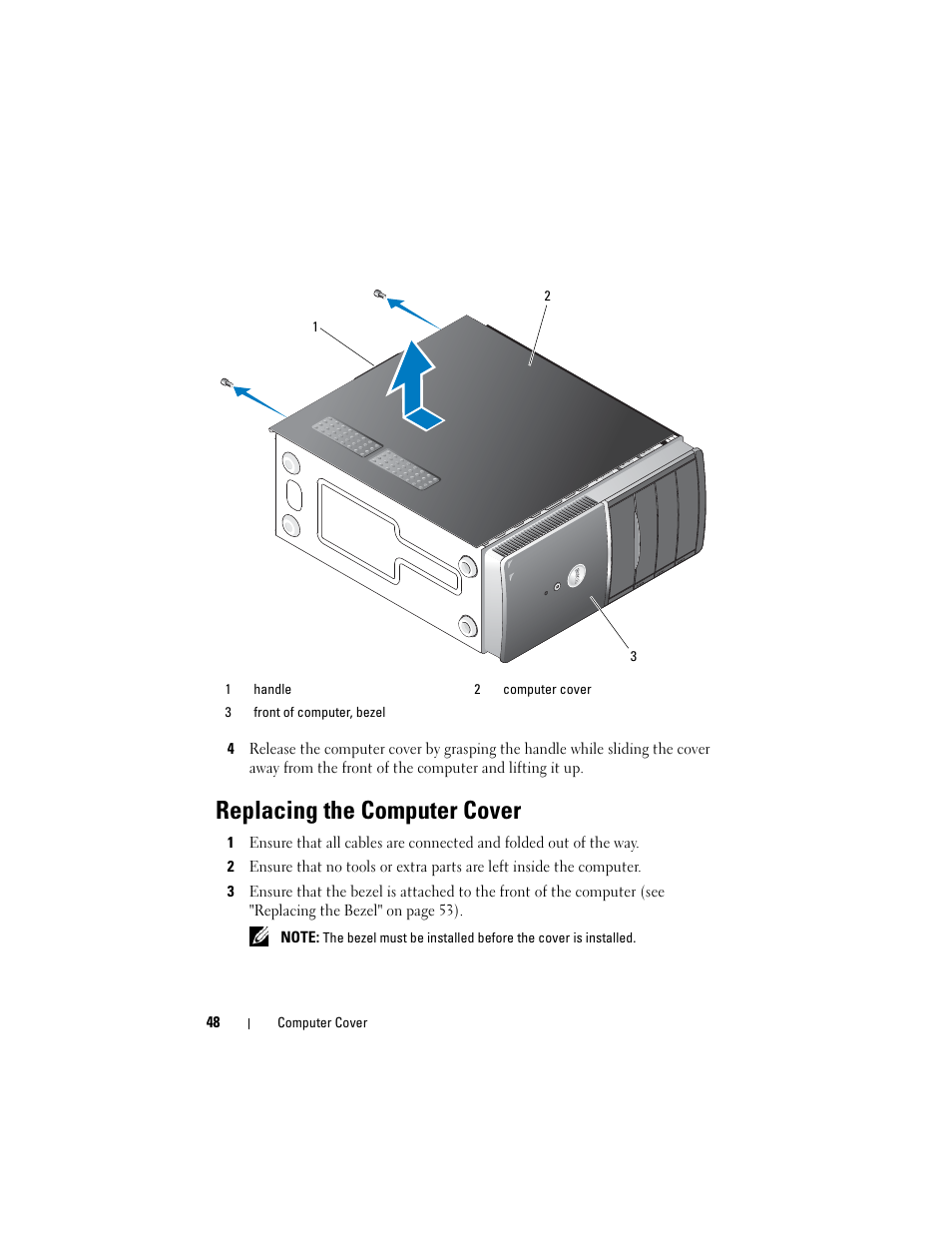 Replacing the computer cover | Dell Vostro 420 (Late 2008) User Manual | Page 48 / 138