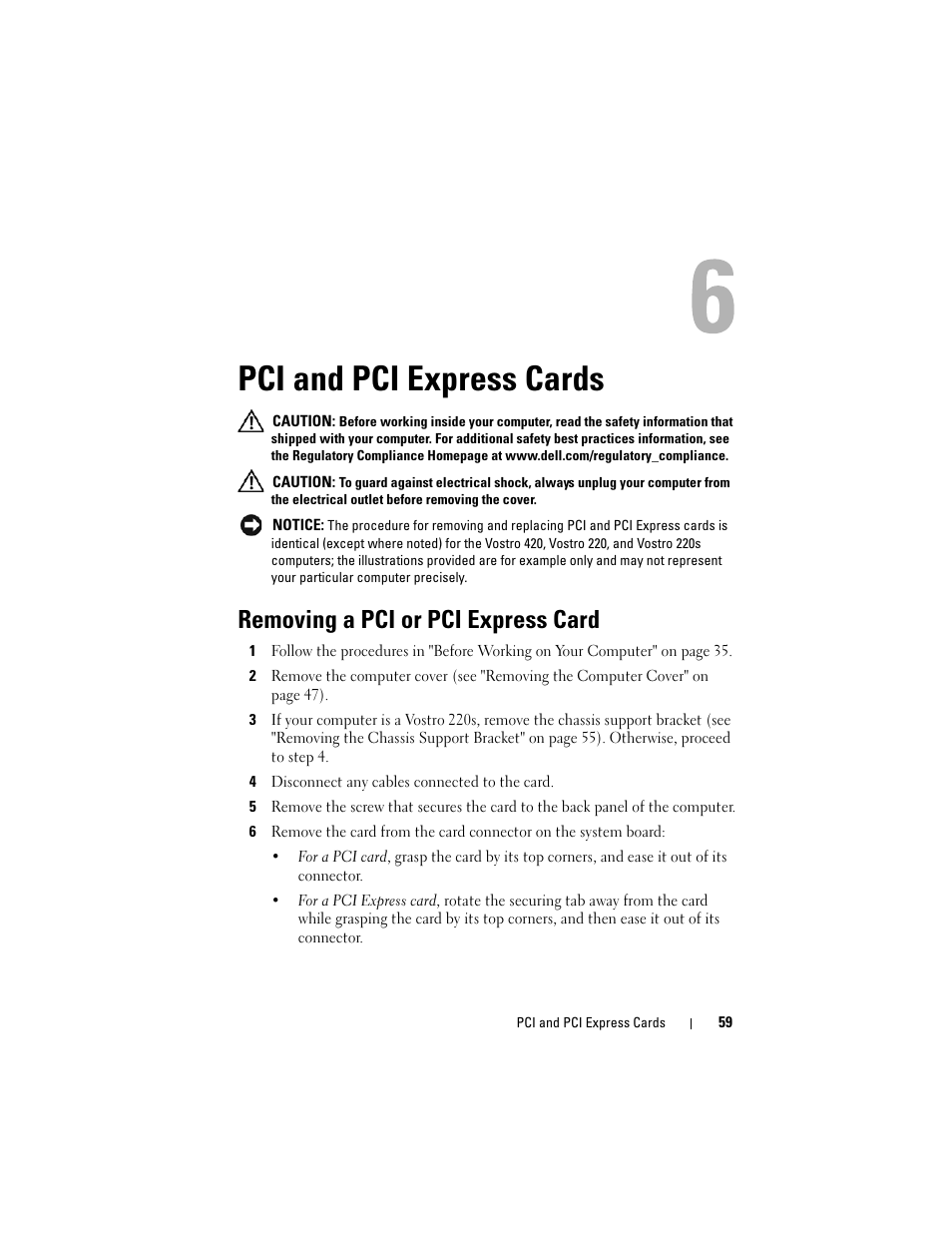 Pci and pci express cards, Removing a pci or pci express card, S (see "pci and | Dell Vostro 420 (Late 2008) User Manual | Page 59 / 138