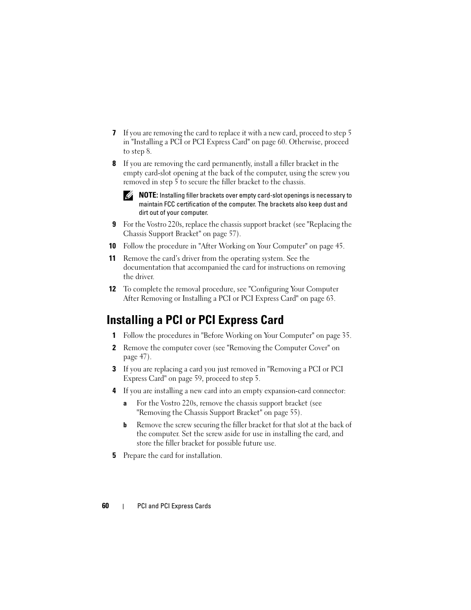 Installing a pci or pci express card | Dell Vostro 420 (Late 2008) User Manual | Page 60 / 138