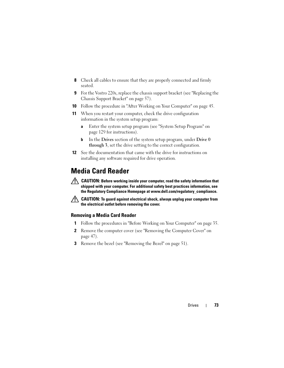 Media card reader, Removing a media card reader | Dell Vostro 420 (Late 2008) User Manual | Page 73 / 138