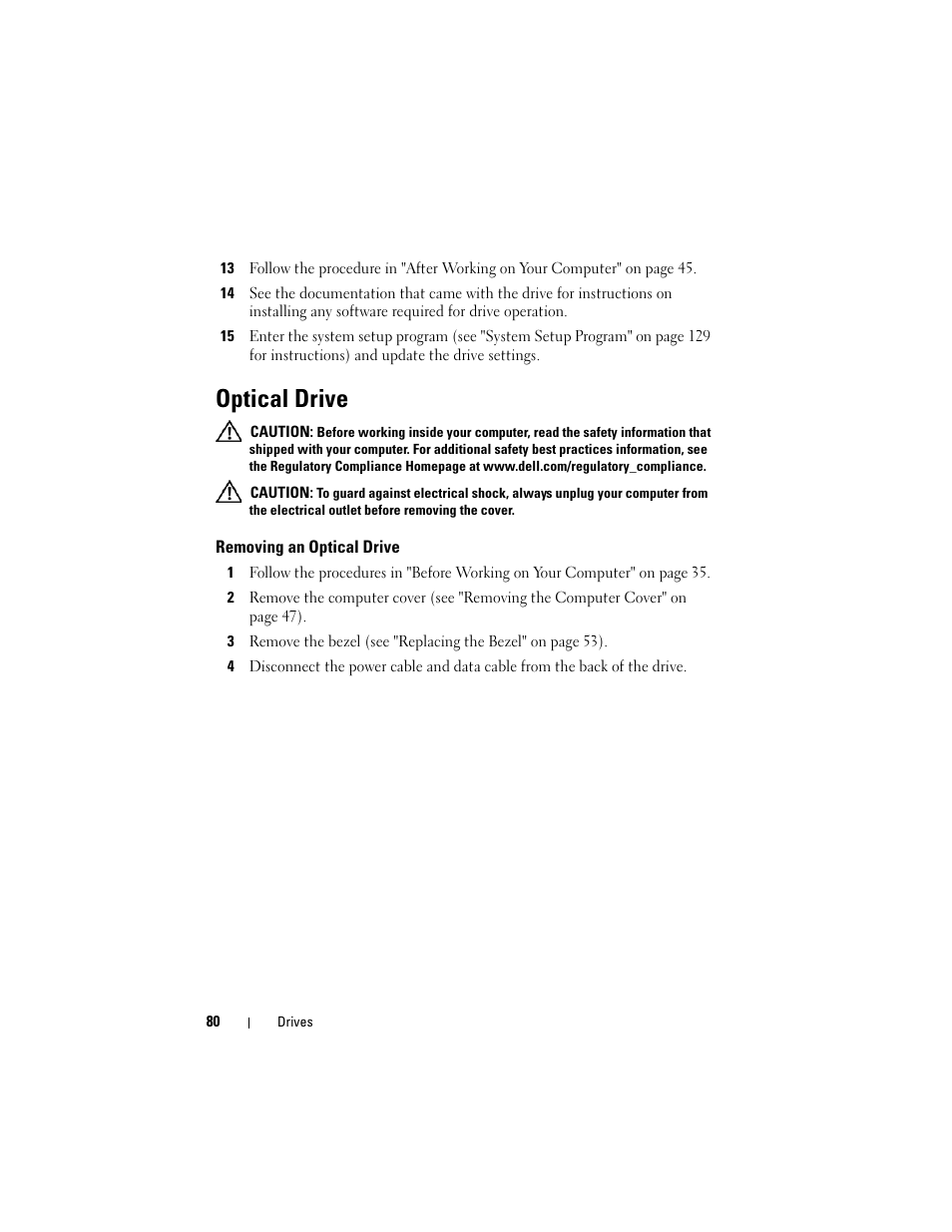 Optical drive, Removing an optical drive | Dell Vostro 420 (Late 2008) User Manual | Page 80 / 138