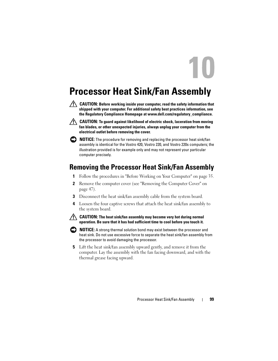Processor heat sink/fan assembly, Removing the processor heat sink/fan assembly | Dell Vostro 420 (Late 2008) User Manual | Page 99 / 138
