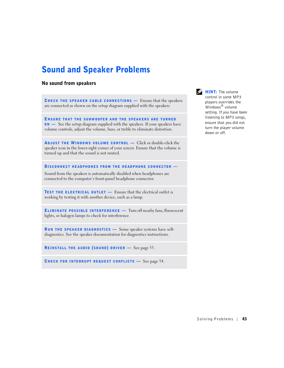 No sound from speakers | Dell Dimension 4500S User Manual | Page 43 / 132