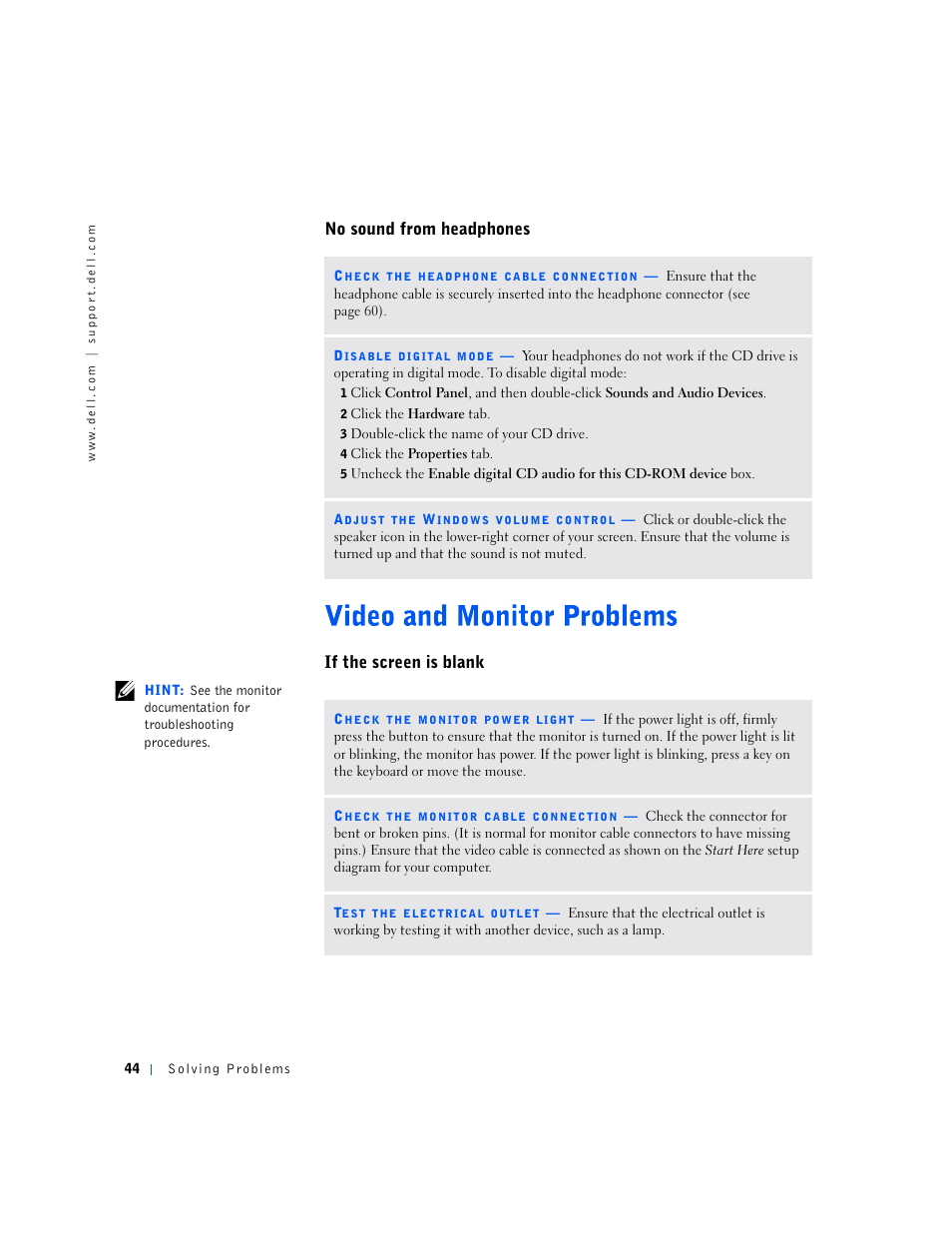 No sound from headphones if the screen is blank | Dell Dimension 4500S User Manual | Page 44 / 132