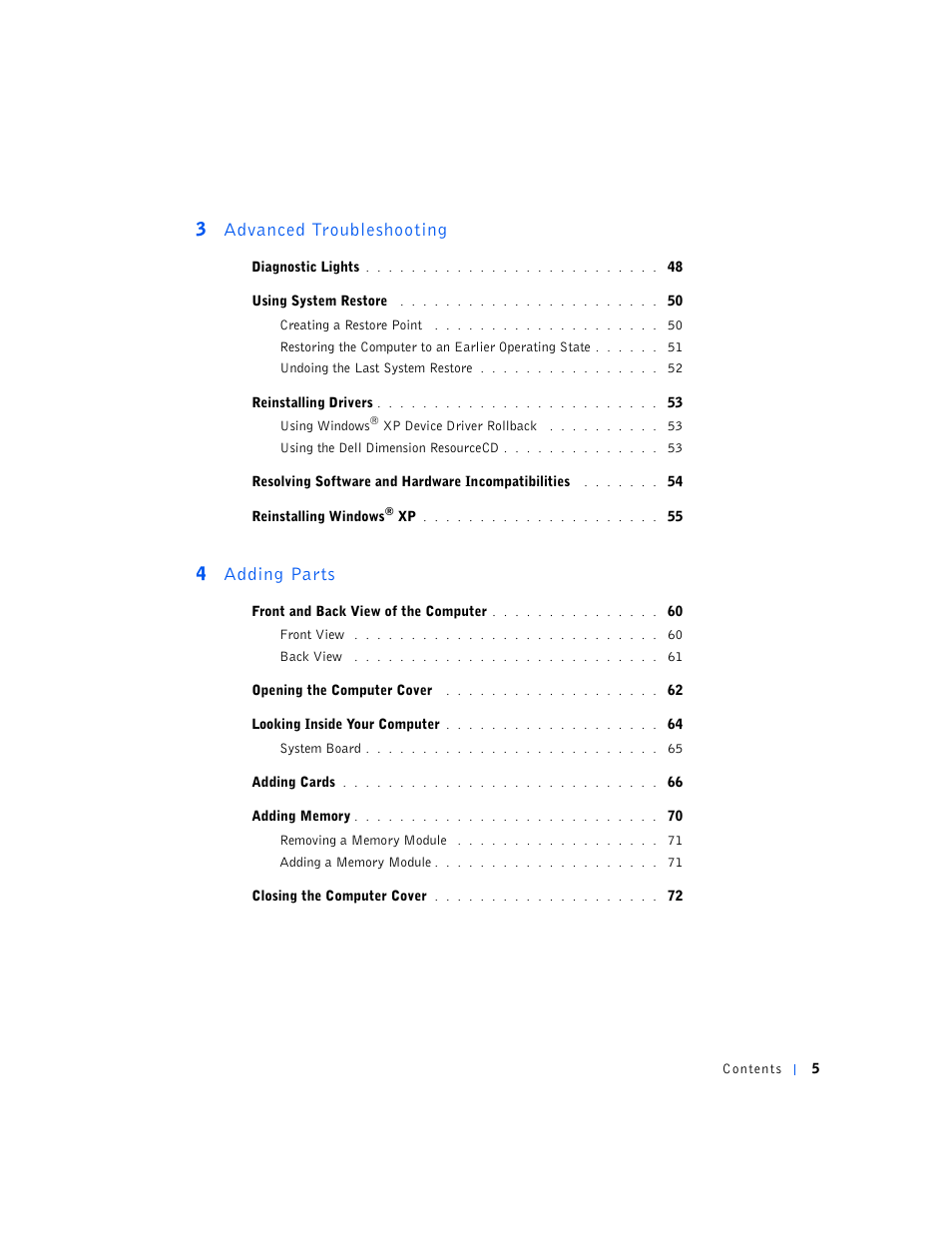 3 advanced troubleshooting, 4 adding parts | Dell Dimension 4500S User Manual | Page 5 / 132