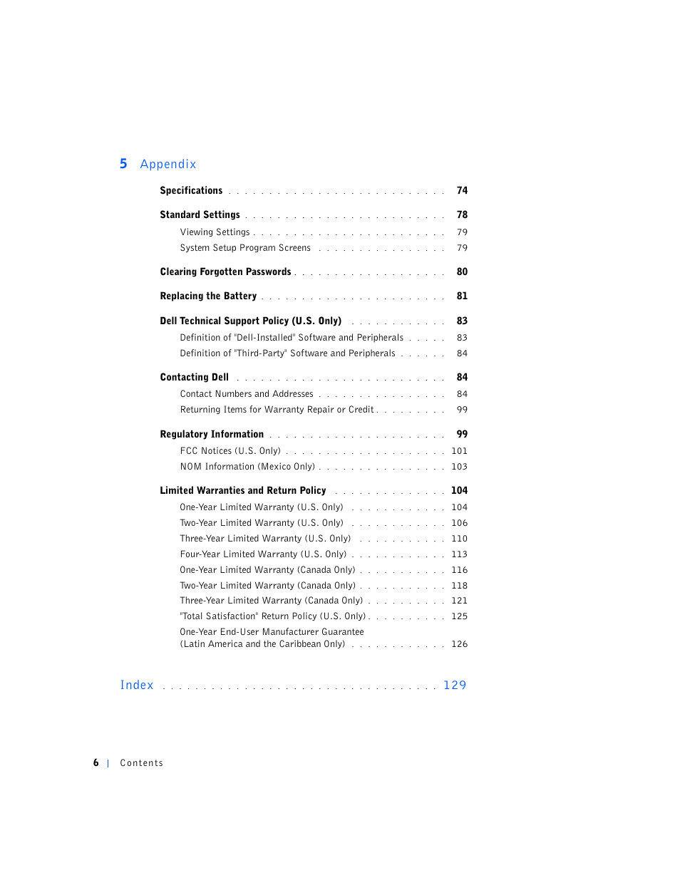 5 appendix, Index | Dell Dimension 4500S User Manual | Page 6 / 132