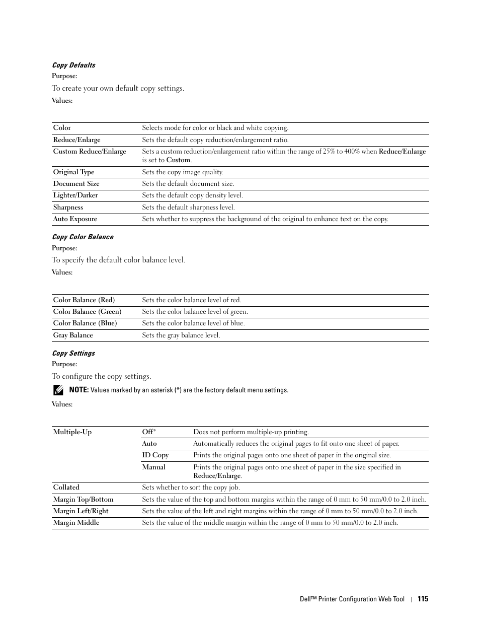 Copy defaults" "copy color balance" "copy settings | Dell C1765NF MFP Laser Printer User Manual | Page 117 / 376