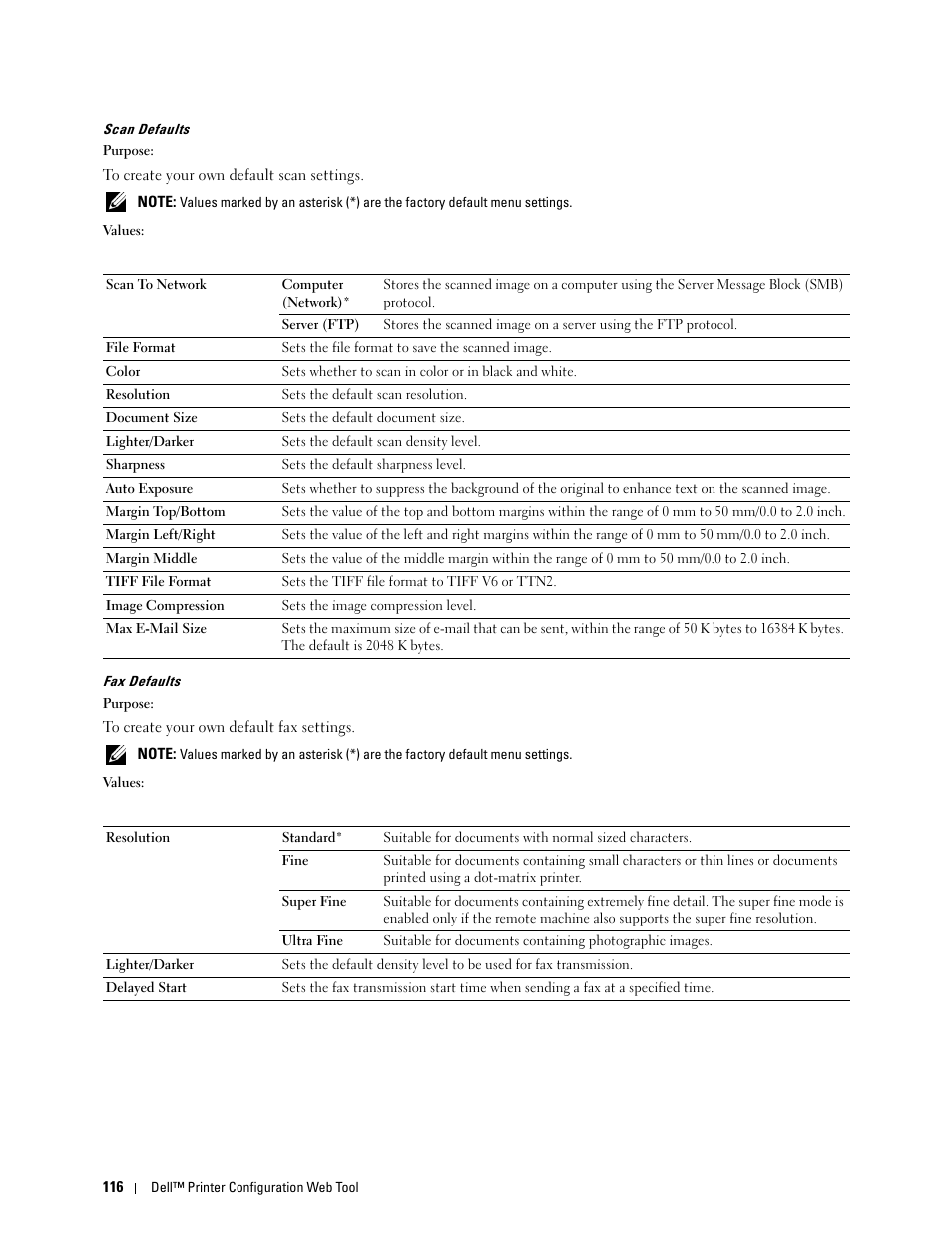 Scan defaults" "fax defaults | Dell C1765NF MFP Laser Printer User Manual | Page 118 / 376