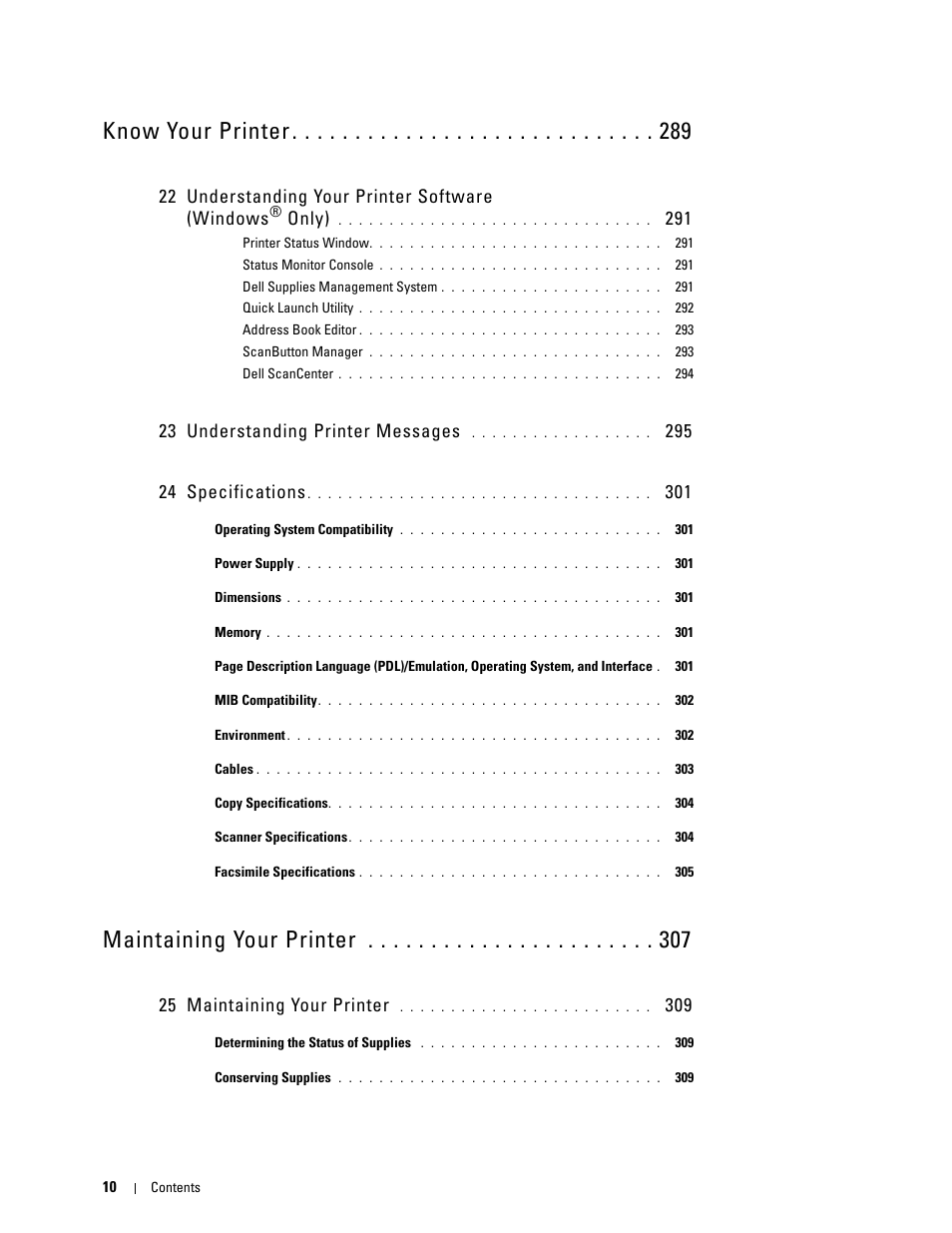 Know your printer, Maintaining your printer, 22 understanding your printer software (windows | Only), 23 understanding printer messages, 25 maintaining your printer | Dell C1765NF MFP Laser Printer User Manual | Page 12 / 376