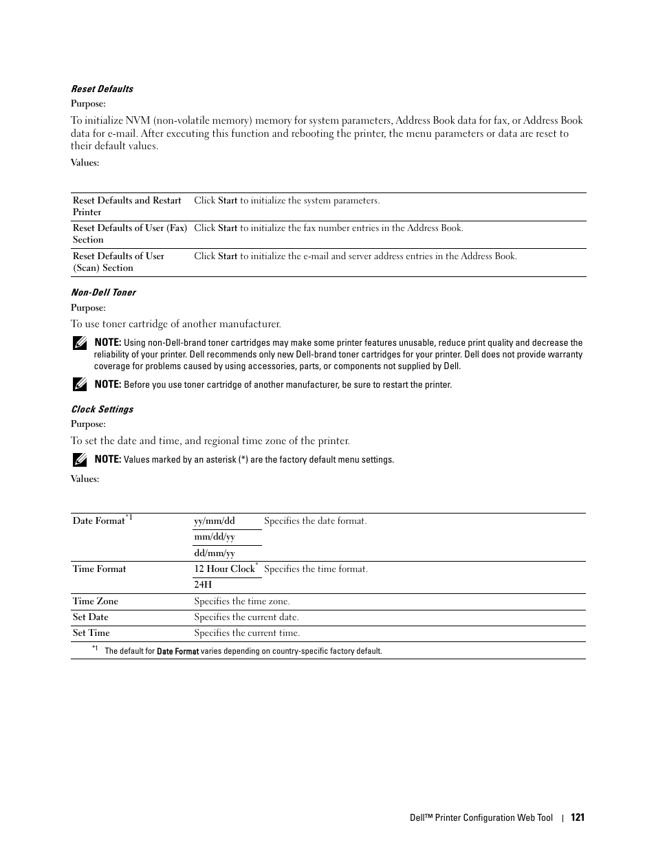 Reset defaults" "non-dell toner" "clock settings | Dell C1765NF MFP Laser Printer User Manual | Page 123 / 376