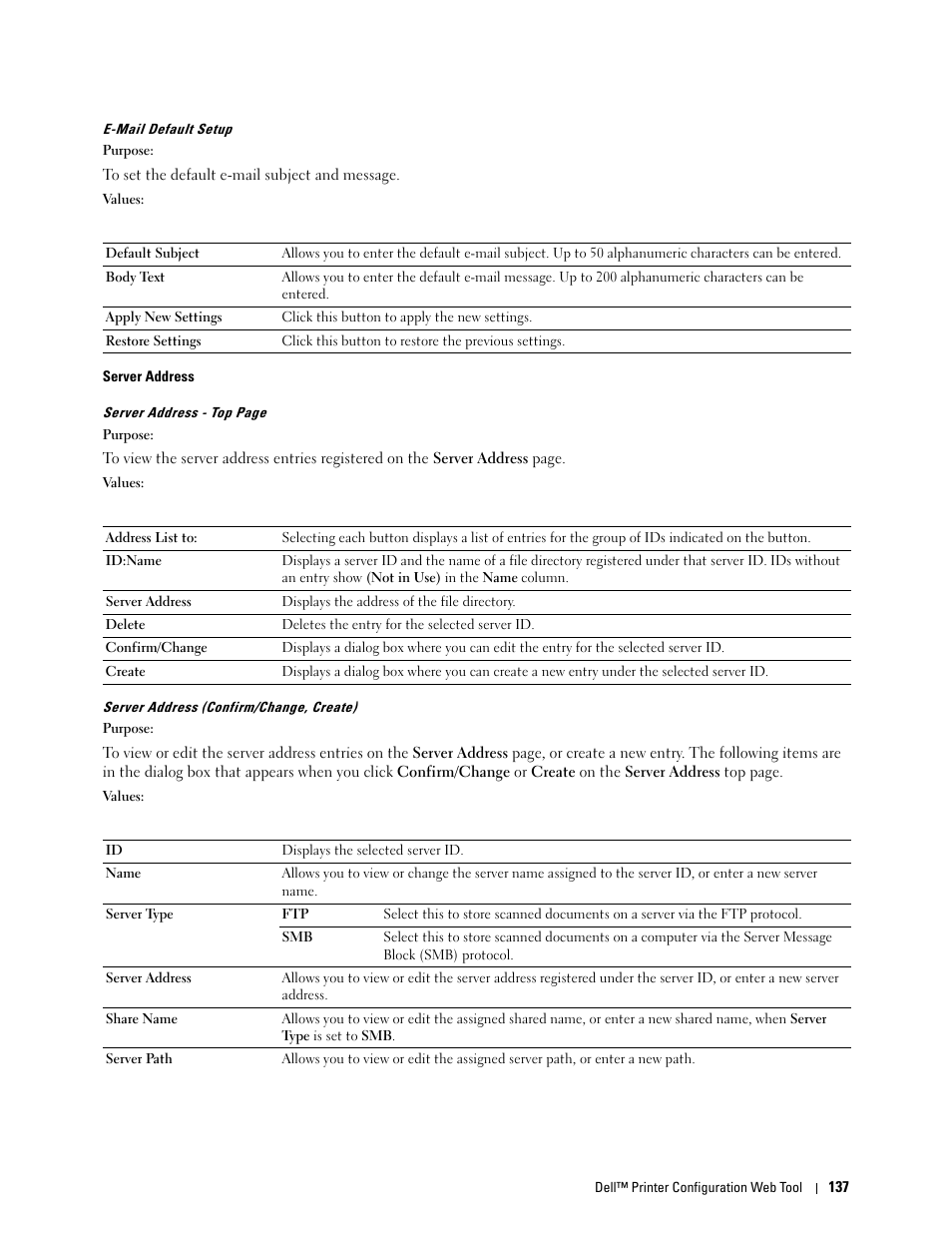 E-mail default setup, Server address | Dell C1765NF MFP Laser Printer User Manual | Page 139 / 376