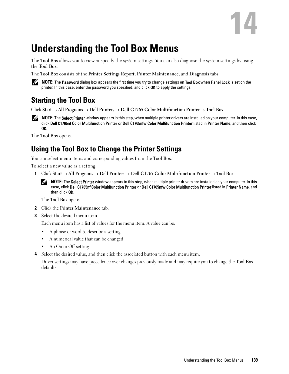 Understanding the tool box menus, Starting the tool box, Using the tool box to change the printer settings | 14 understanding the tool box menus | Dell C1765NF MFP Laser Printer User Manual | Page 141 / 376