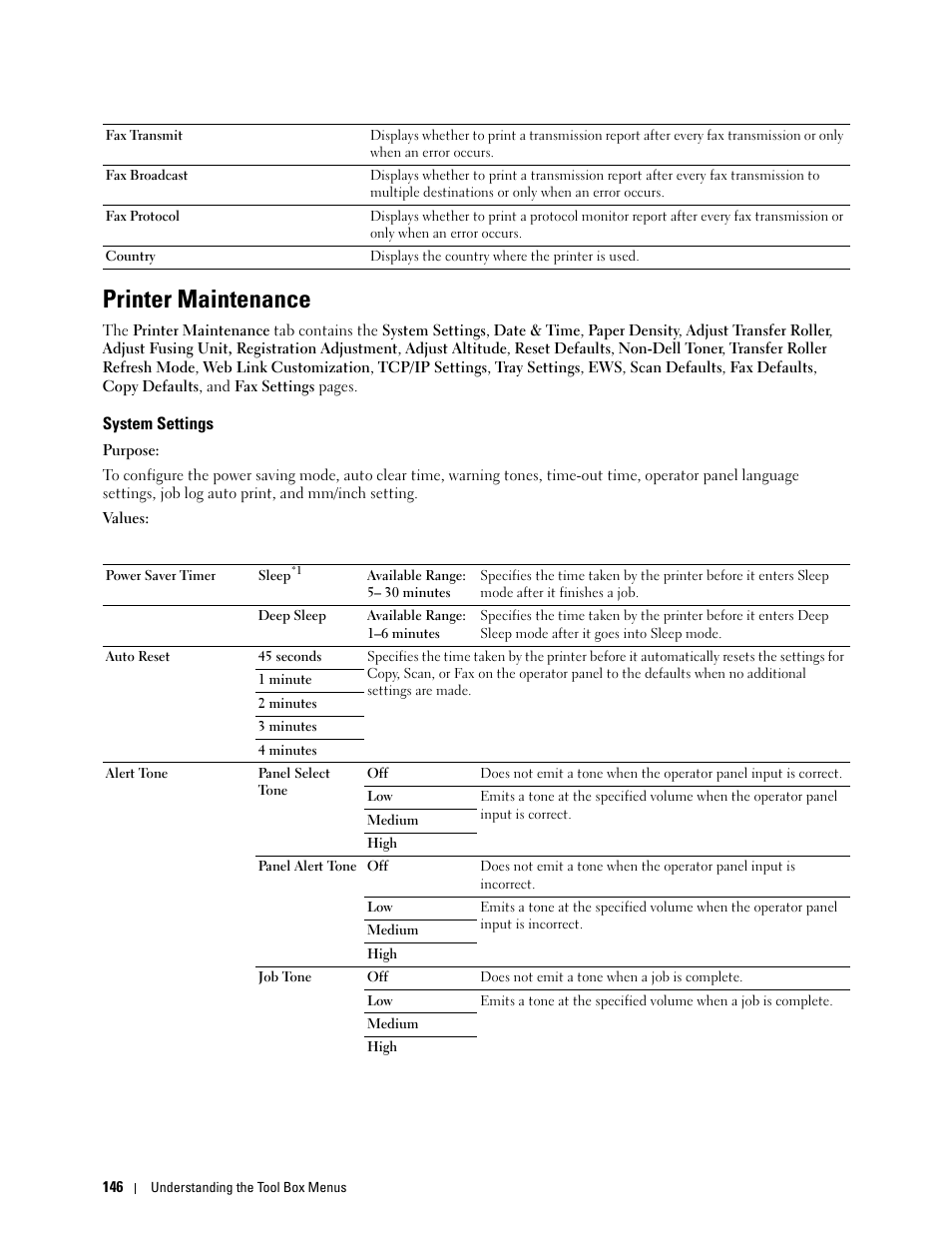 Printer maintenance, System settings | Dell C1765NF MFP Laser Printer User Manual | Page 148 / 376