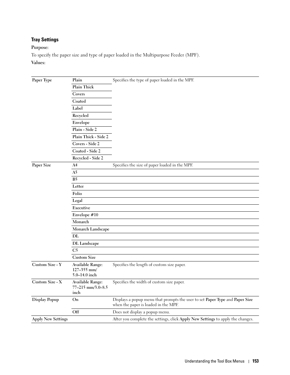 Tray settings | Dell C1765NF MFP Laser Printer User Manual | Page 155 / 376