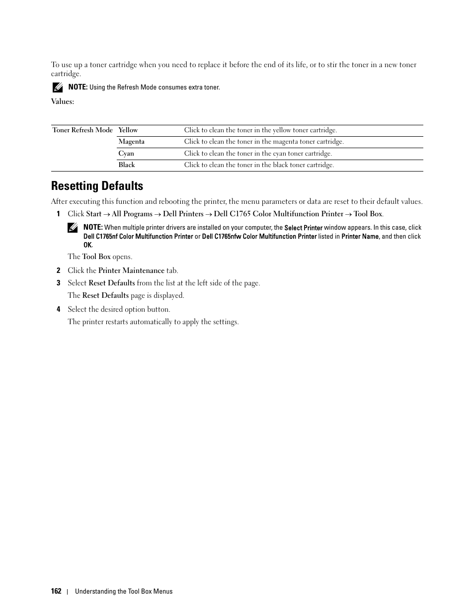 Resetting defaults | Dell C1765NF MFP Laser Printer User Manual | Page 164 / 376