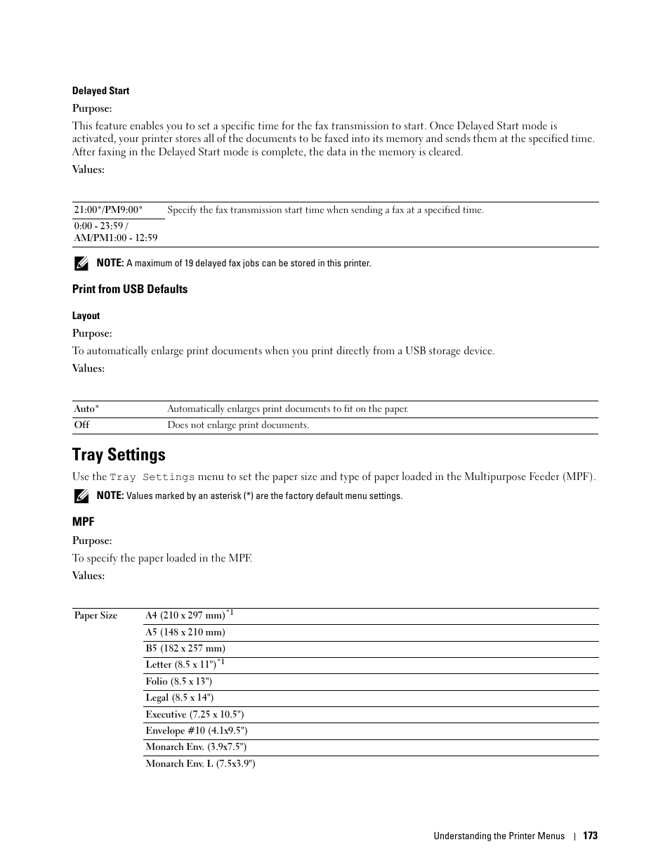 Print from usb defaults, Tray settings | Dell C1765NF MFP Laser Printer User Manual | Page 175 / 376