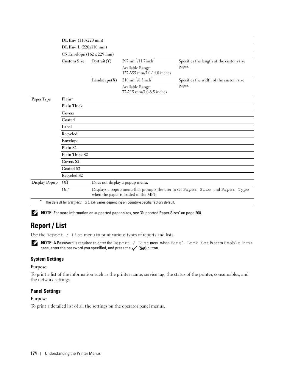Report / list, System settings, Panel settings | Dell C1765NF MFP Laser Printer User Manual | Page 176 / 376