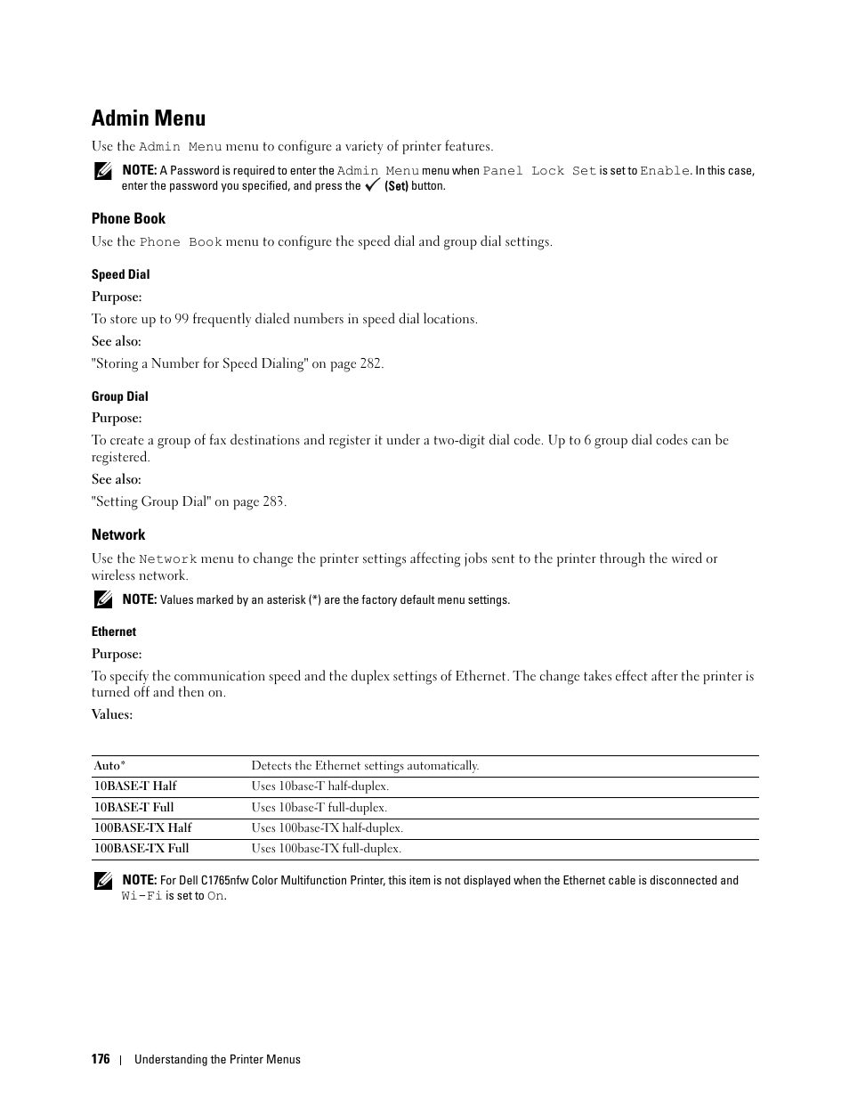 Admin menu, Phone book, Network | Dell C1765NF MFP Laser Printer User Manual | Page 178 / 376