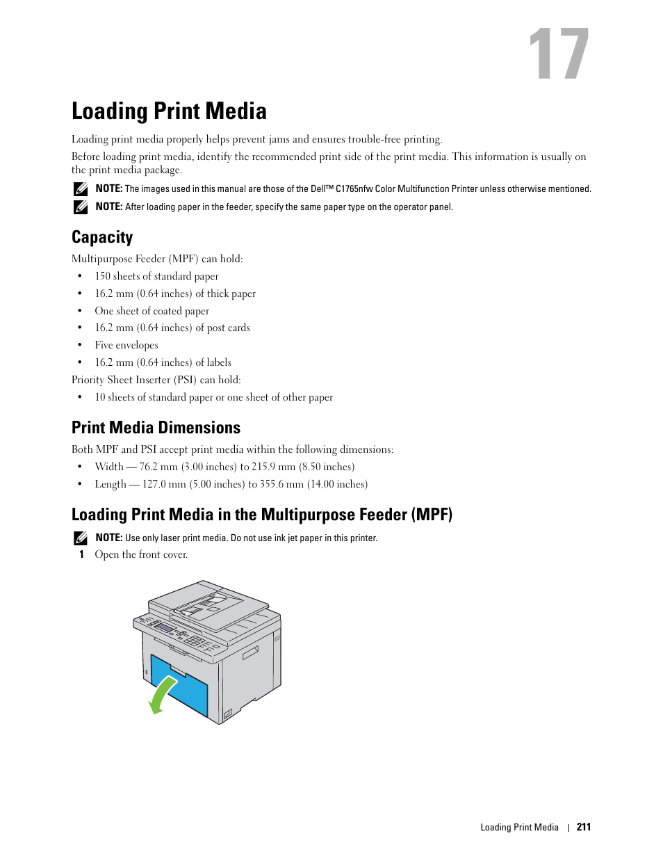 Loading print media, Capacity, Print media dimensions | 17 loading print media, See "loading print media in the | Dell C1765NF MFP Laser Printer User Manual | Page 213 / 376