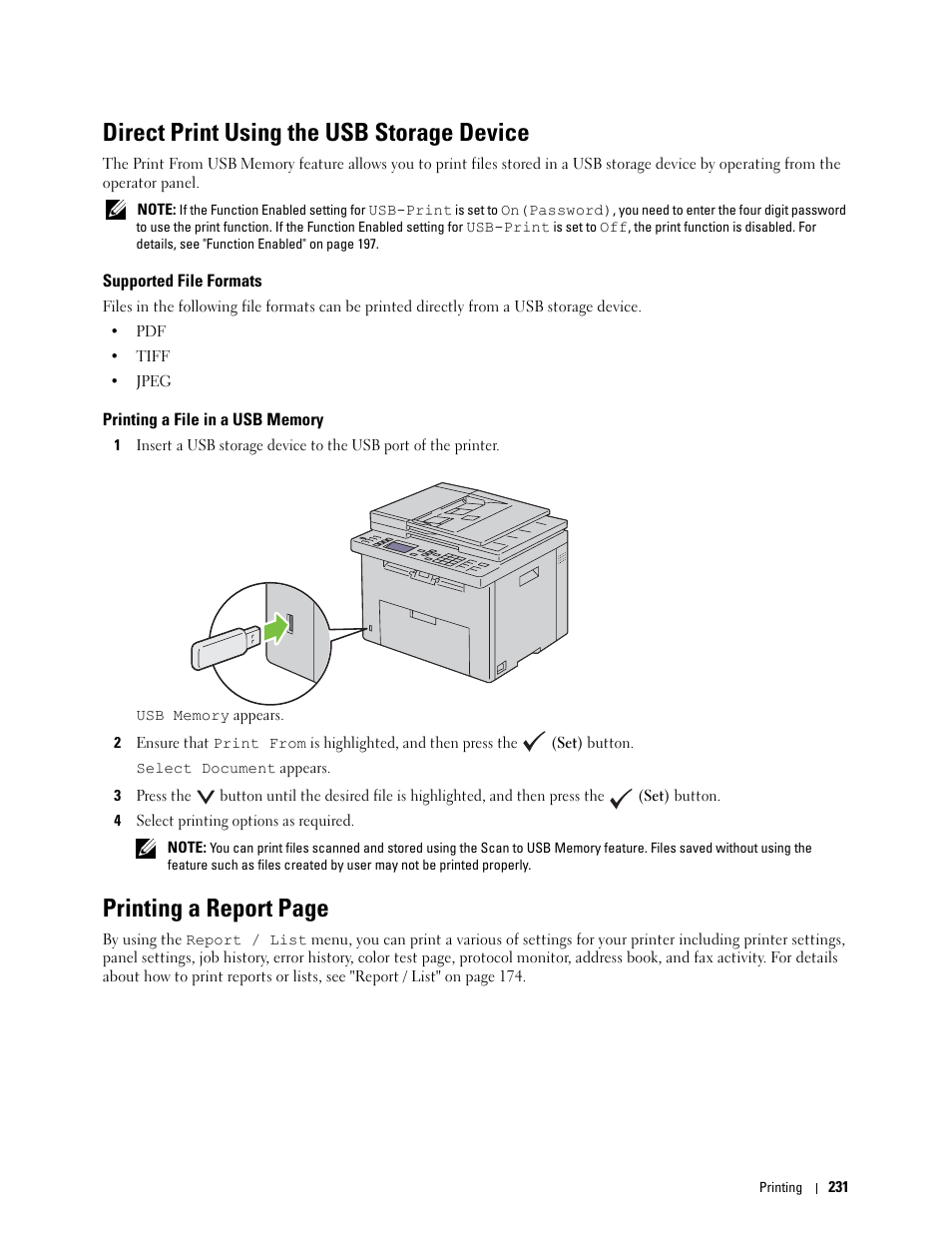 Direct print using the usb storage device, Supported file formats, Printing a file in a usb memory | Direct print using the usb storage, Printing a report page | Dell C1765NF MFP Laser Printer User Manual | Page 233 / 376