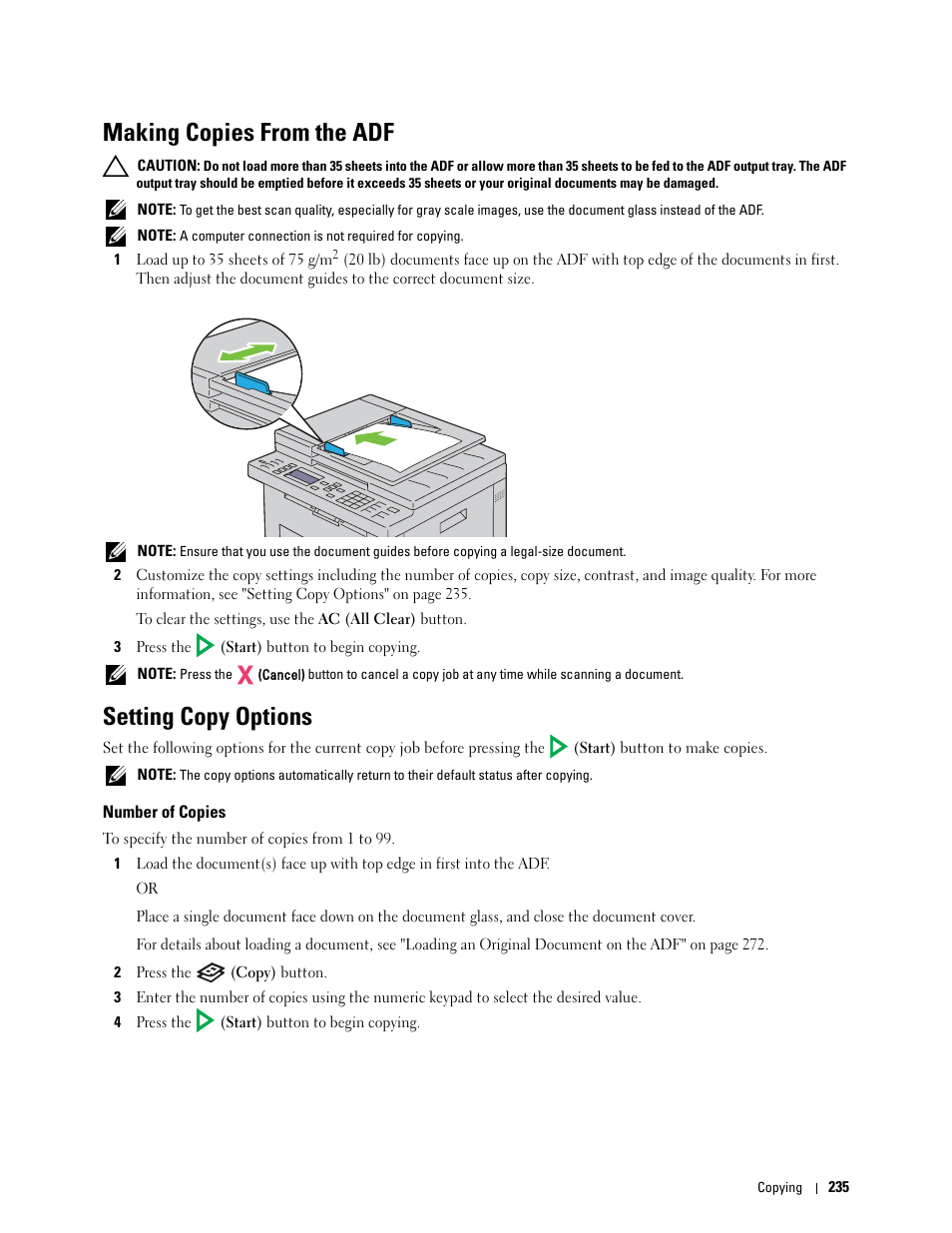 Making copies from the adf, Setting copy options, Number of copies | Dell C1765NF MFP Laser Printer User Manual | Page 237 / 376