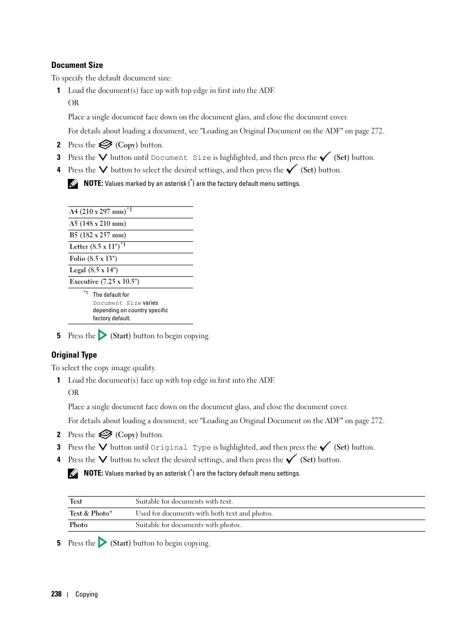 Document size, Original type | Dell C1765NF MFP Laser Printer User Manual | Page 240 / 376