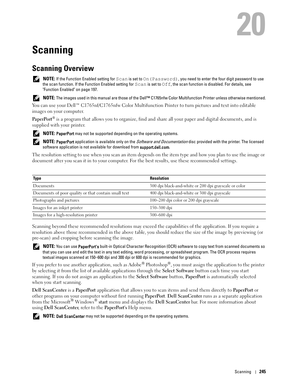 Scanning, Scanning overview, 20 scanning | Dell C1765NF MFP Laser Printer User Manual | Page 247 / 376