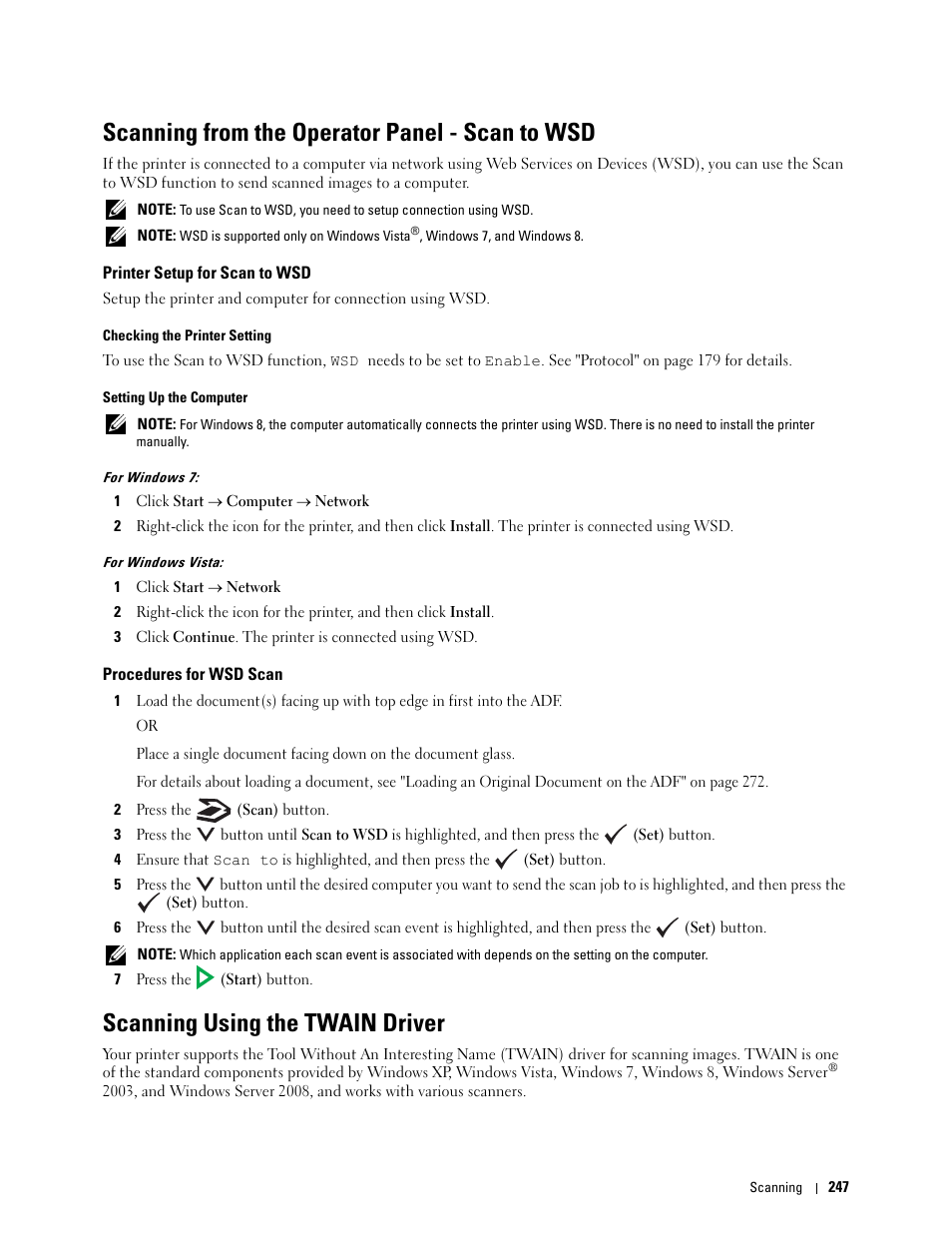 Scanning from the operator panel - scan to wsd, Printer setup for scan to wsd, Procedures for wsd scan | Scanning using the twain driver | Dell C1765NF MFP Laser Printer User Manual | Page 249 / 376