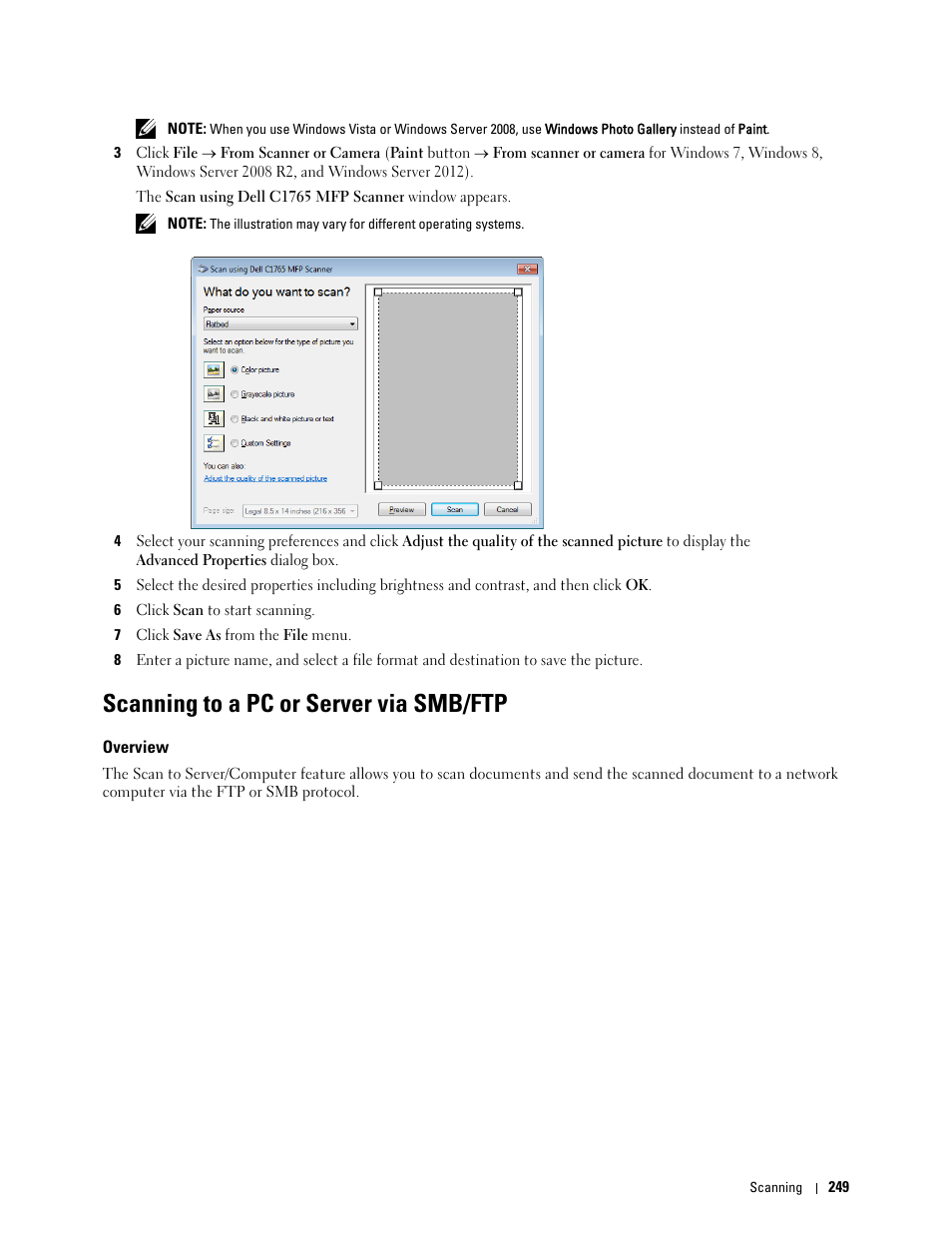 Scanning to a pc or server via smb/ftp, Overview | Dell C1765NF MFP Laser Printer User Manual | Page 251 / 376
