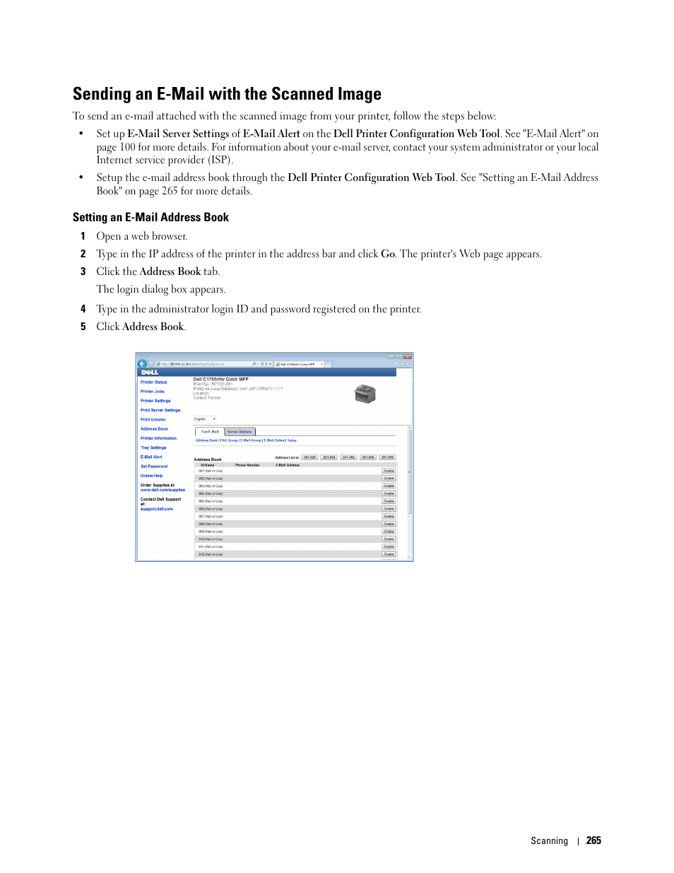 Sending an e-mail with the scanned image, Setting an e-mail address book | Dell C1765NF MFP Laser Printer User Manual | Page 267 / 376