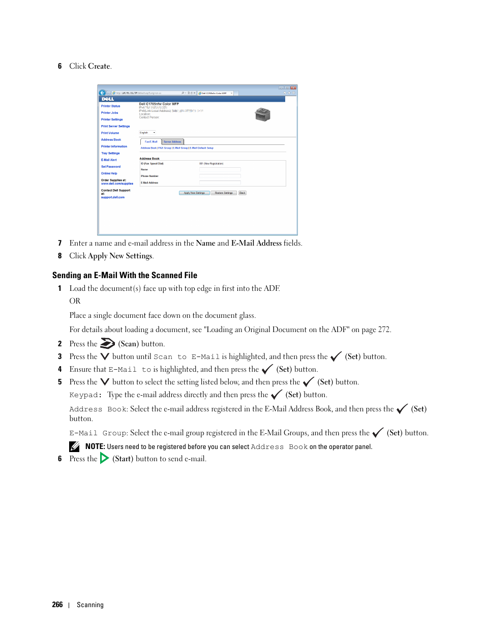Sending an e-mail with the scanned file | Dell C1765NF MFP Laser Printer User Manual | Page 268 / 376