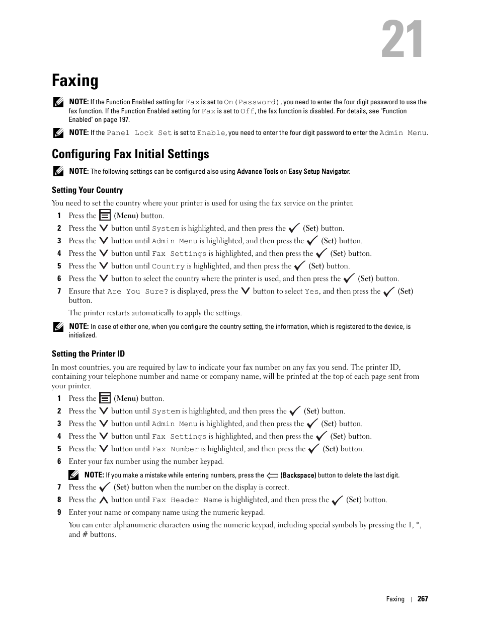 Faxing, Configuring fax initial settings, Setting your country | Setting the printer id, 21 faxing | Dell C1765NF MFP Laser Printer User Manual | Page 269 / 376
