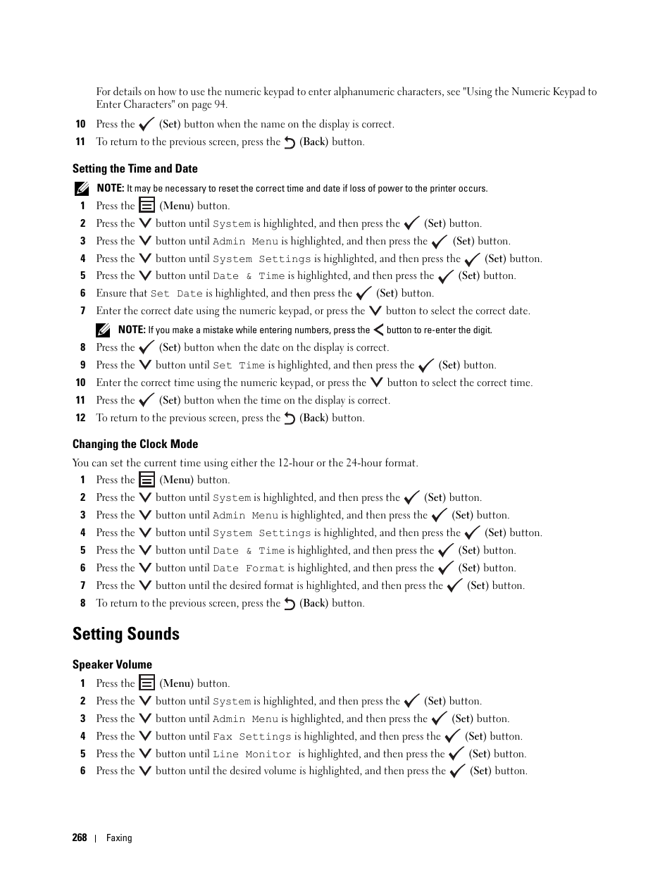 Setting the time and date, Changing the clock mode, Setting sounds | Speaker volume | Dell C1765NF MFP Laser Printer User Manual | Page 270 / 376