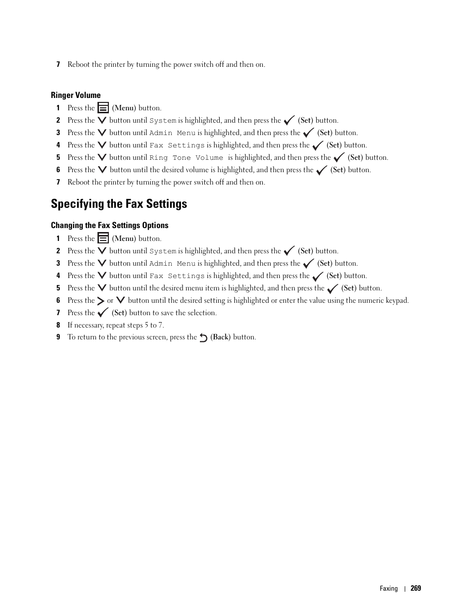 Ringer volume, Specifying the fax settings, Changing the fax settings options | Dell C1765NF MFP Laser Printer User Manual | Page 271 / 376